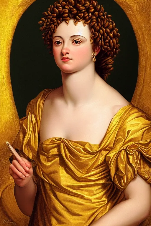 Image similar to Ruth, face closeup, ultra detailed, gold, dressed in roman clothes, ultra detailed, art by Guido Reni style