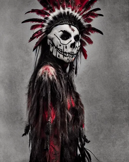 Image similar to the ghost - spirit of the grim - warpaint wears the scarlet skull armor and native blood headdress feathers, midnight fog - mist!, dark oil painting colors, realism, cinematic lighting, various refining methods, micro macro autofocus, ultra definition, award winning photo