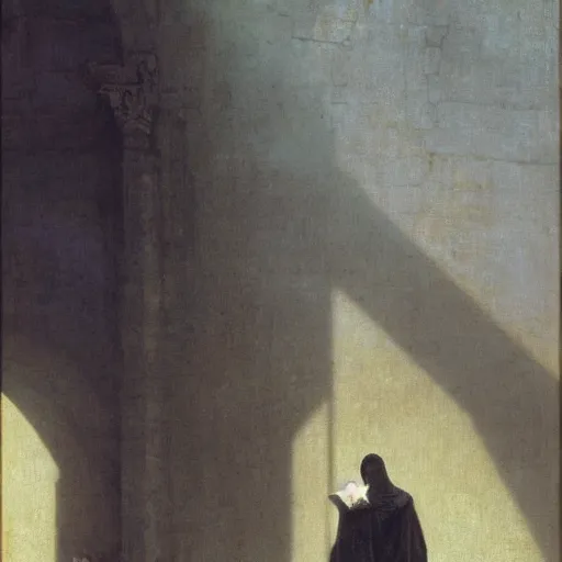 Image similar to half portait of magican wearing a closed cowl walking while reading big old book! jeremy mann, jean leon gerome, tiepolo, alphonse mucha, greg rutkowski, face in the shadows, ( ( ruins of ancient rome ) ), at dusk, mysterious atmosphere, sunrays, dof, masterpiece, high detailed, 8 k