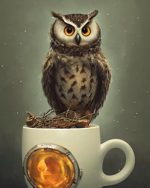 Image similar to long shot of a very cute owl chick nesting in a futuristic mug, esao andrews, humorous illustration, hyperrealistic, big depth of field, warm colors, whimsical cosmic night scenery, low light, 3 d octane render, 4 k, concept art, hyperdetailed, hyperrealistic, trending on artstation