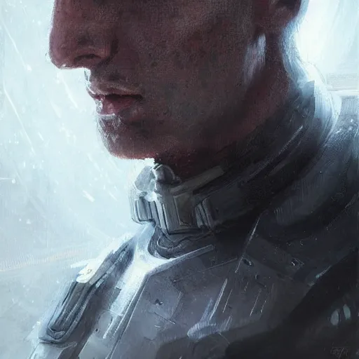 Image similar to portrait of a man by greg rutkowski, he is about 3 0 years old, short black hair with bangs, expression of terror and bewilderment, very tall and slender, he is wearing futuristic space gear, highly detailed portrait, digital painting, artstation, concept art, smooth, sharp foccus ilustration, artstation hq