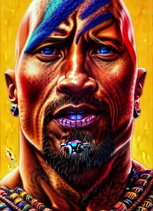 Image similar to portrait of dwayne johnson, hyper detailed ultra sharp aztec shaman warrior. trending on artstation, warpaint aesthetic, bloodwave, colorful, psychedelic, ornate, intricate, digital painting, concept art, smooth, sharp focus, illustration, art by artgerm and greg rutkowski and h. r. giger, 8 k