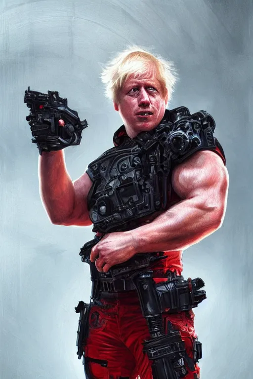 Prompt: Boris Johnson as terminator with red eyes, Boris Johnson hairstyle, full body realistic portrait, highly detailed, muscular body, digital painting, artstation, concept art, smooth, sharp focus, illustration, cinematic lighting, art by artgerm and greg rutkowski and alphonse mucha