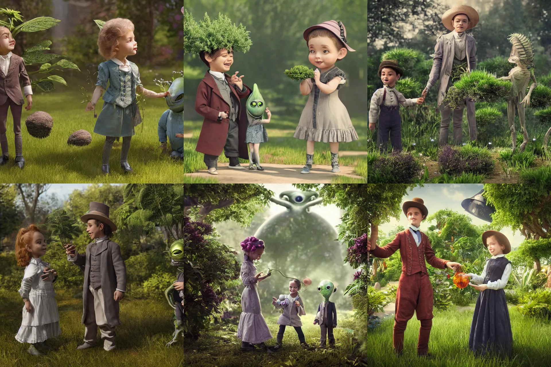 Prompt: a girl and a boy standing next to some alien plants, looking happy, wearing victorian clothes, they are playing with their small pet alien creature, in a park on a alien planet, extremely high details, ultra realistic facial details, in focus faces, ultra photorealistic raytracing, trending on artstation, 8k
