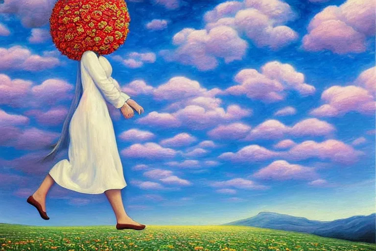 Image similar to giant flower head, woman walking, surreal, clouds in sky, impressionist painting, digital painting, artstation, rob gonsalves