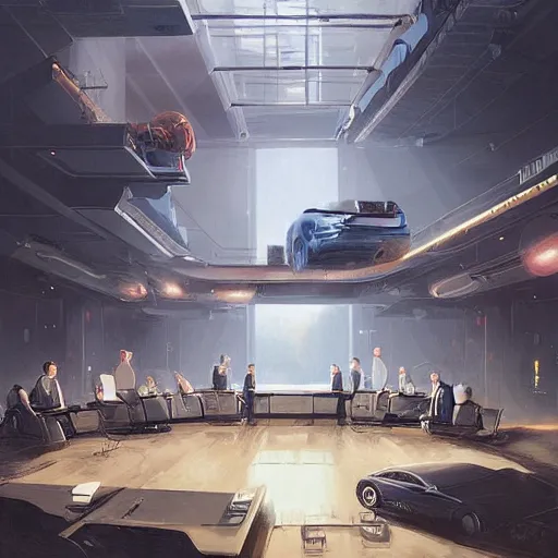 Image similar to scene of elon musk, mark zuckerberg, jeff bezos, in meeting together, very detailed, art contest winner on behance, trendy on deviant art, by artgem, greg rutkowski