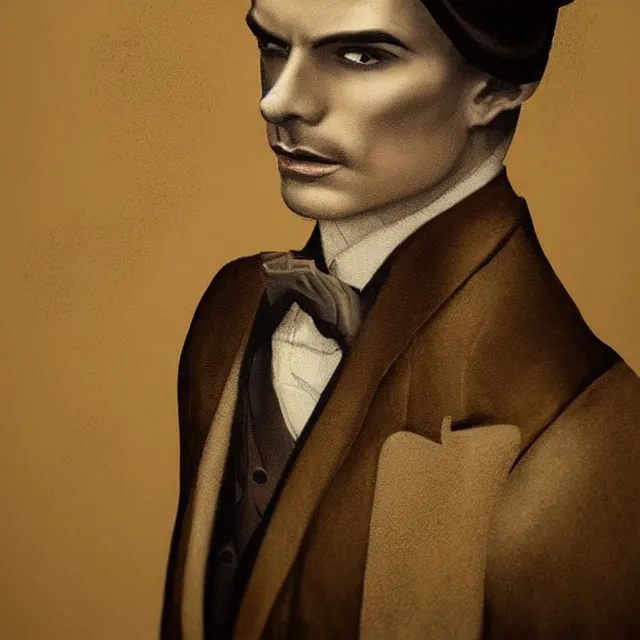 Image similar to photorealistic sepia full - head portrait of a 1 9 2 0 s era smirking male occultist, well dressed, long - tailed tuxedo coat, atmospheric lighting, dark, brooding, painted, intricate by thierry doizon, ultra detailed, well composed, best on artstation, cgsociety, epic, stunning, gorgeous, intricate detail, much wow, masterpiece