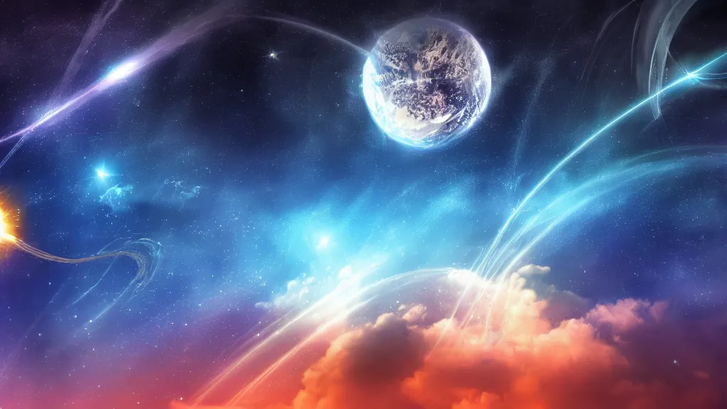 Image similar to fantasy outer space with distant spaceship trails wallpaper