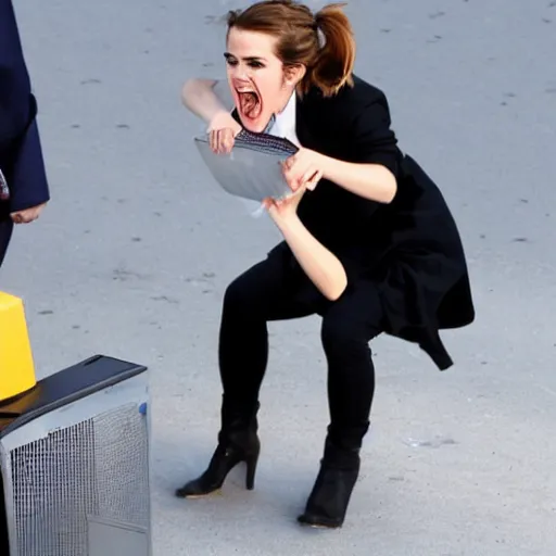 Image similar to emma watson angrily smashing a computer. photo.