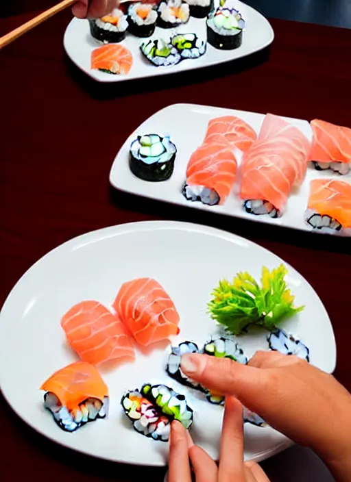 Image similar to clear photograph of cute cats eating sushi from sushi plates