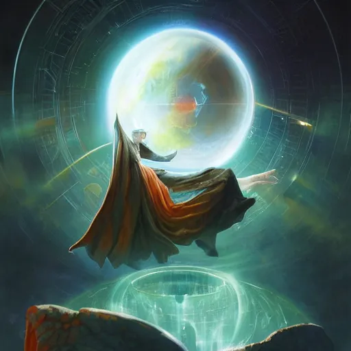 Image similar to the creator of worlds wearing a cloak and holding a holographic planet projection in his hand, detailed, sci - fi, digital painting, artstation, sharp focus, illustration, ominous, artgerm, tomasz alen kopera, peter mohrbacher, donato giancola, joseph christian leyendecker, wlop, frank frazetta