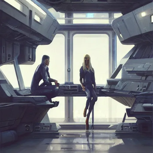 Image similar to concept art by greg rutkowski, a very tall, and slender blonde woman, wearing blue utilitarian jumpsuit, sitting in the spaceship command bridge, brutalist futuristic interior, dark lighting atmosphere, detailed portraits, nostalgic atmosphere, scifi, digital painting, artstation, concept art, smooth, sharp foccus ilustration, artstation hq