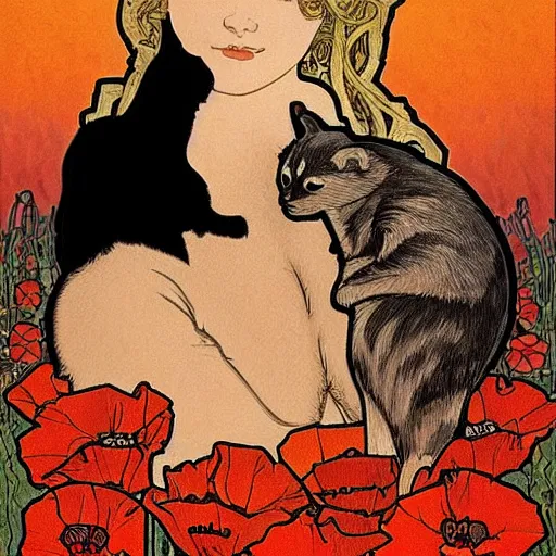 Prompt: a masterpiece painting by mucha exposed at the louvre : black cat cuddling a racoon in a poppy field with a red sunset in the background