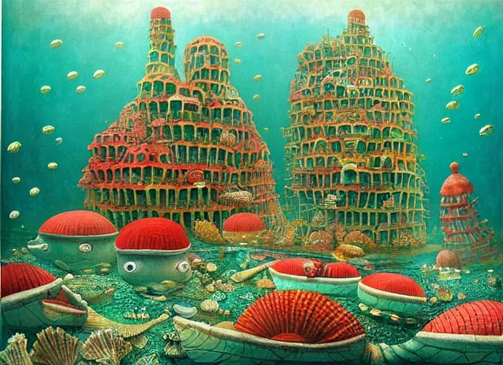Prompt: underwater city with fish citizens inside!! the seashell, green and red seaweed, red corals, small scandinavian!!! houses, little people!!!, by jacek yerka by levitan, surrealistic painting, masterpiece, oil painting, sharp focus, highly detailed, intricate, smooth, 8 k,