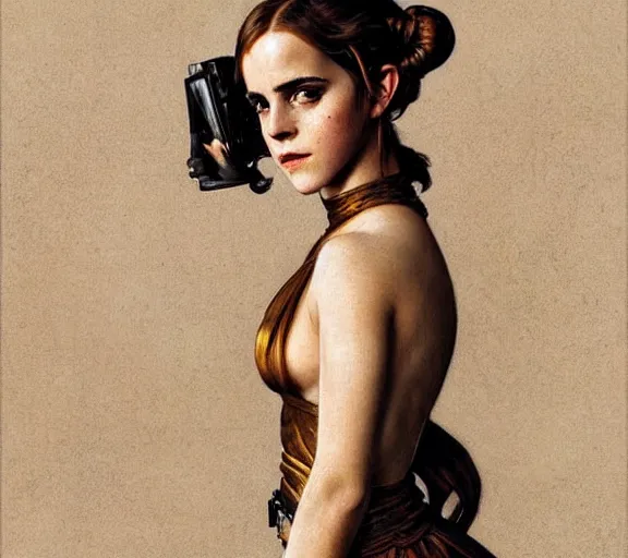 Prompt: photography of a sensual emma watson dressed like princess leia slave girl outfit, deep focus, intricate, elegant, highly detailed, digital painting, artstation, concept art, matte, sharp focus, illustration, art by artgerm and greg rutkowski and alphonse mucha and gil elvgren