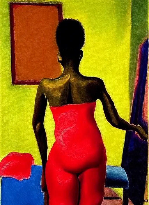 Prompt: oil painting of a beautiful african-american girl in a uniform putting on stockings, teaching a lesson in a void room full of existential horror painted by John Singer Sargant, inspired by paintings of Francis Bacon and melting moody vibrating color palette of Mark Rothko, Bryan Lee O'Malley and Edward Hopper, Cy Twombly gestural strokes