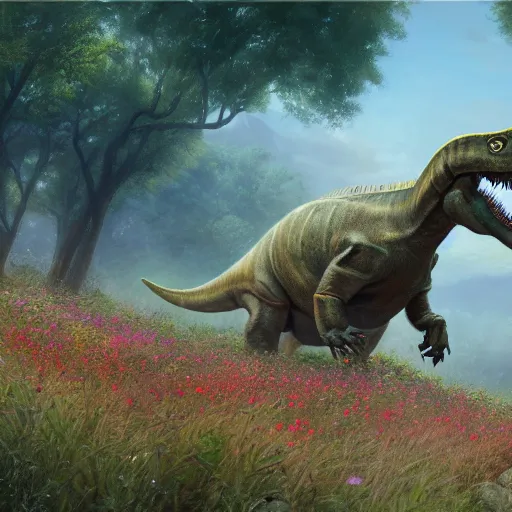 Image similar to Beautiful digital painting of monumental herbivorous dinosaur covered with flowers by Greg Rutkowski and James Gurney, trending on Artstation, deviantart, ultra detail, flower dinosaur