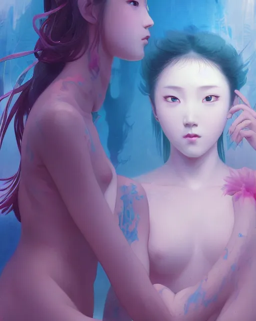 Image similar to Full shot of a beauty portrait anime schoolgirls under dark pink and blue water, intricate abstract. infrared, symmetrical facial features.concept art by D. Jun, by Mo Xiang Tong Xiu, by Igarashi Daisuke and WLOP and Ross Tran and William-Adolphe Bouguereau and Beeple. Key Art. Fantasy Illustration. award winning, Artstation, intricate details, realistic, Hyperdetailed, 8k resolution, 3d