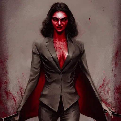 Image similar to portrait of deepika padukone upper body in bloody business suit, blood red eyes, vampire fangs, fantasy, intricate, elegant, highly detailed, digital painting, artstation, concept art, matte, sharp focus, illustration, art by aenaluck and roberto ferri and greg rutkowski, epic fantasy, digital painting