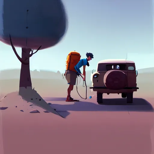 Image similar to goro fujita ilustration hiker unloading the car before camping, characterized by roman shipunov, etienne hebinger, atey ghailan