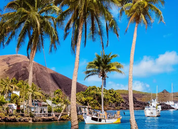 Prompt: photo of the hms bounty ship, full view, in a tranquil beautiful island cove with palm trees, a volcano smoking