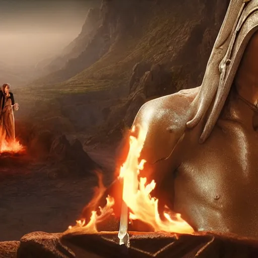 Image similar to cinematic still of ghostly man in ancient Canaanite armor and a flaming sword, paradise in the background, Biblical epic directed by Peter Jackson