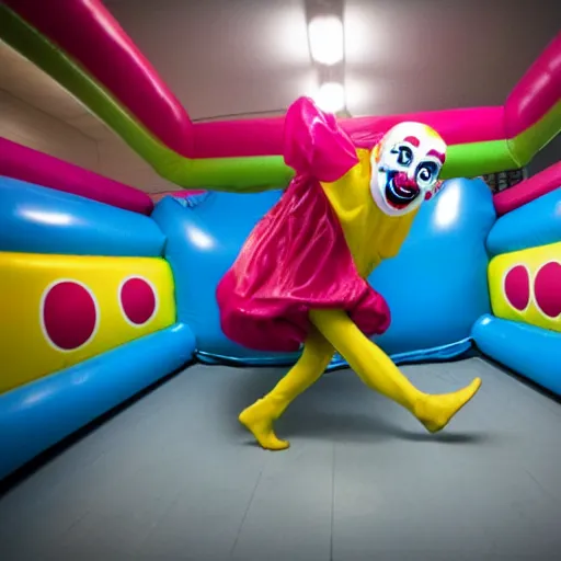 Image similar to chased by a creepy clown in an endless corridor made of bouncy castle