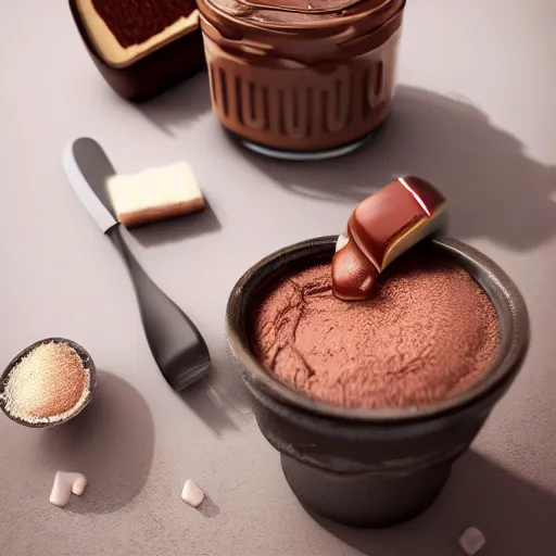 Image similar to 3 d render of nutella, dslr, 8 k, octane beautifully detailed render, cold lighting, cinematic lighting, detailed photo, masterpiece, volumetric lighting, ultra realistic, highly detailed, high quality, lossless, photorealistic