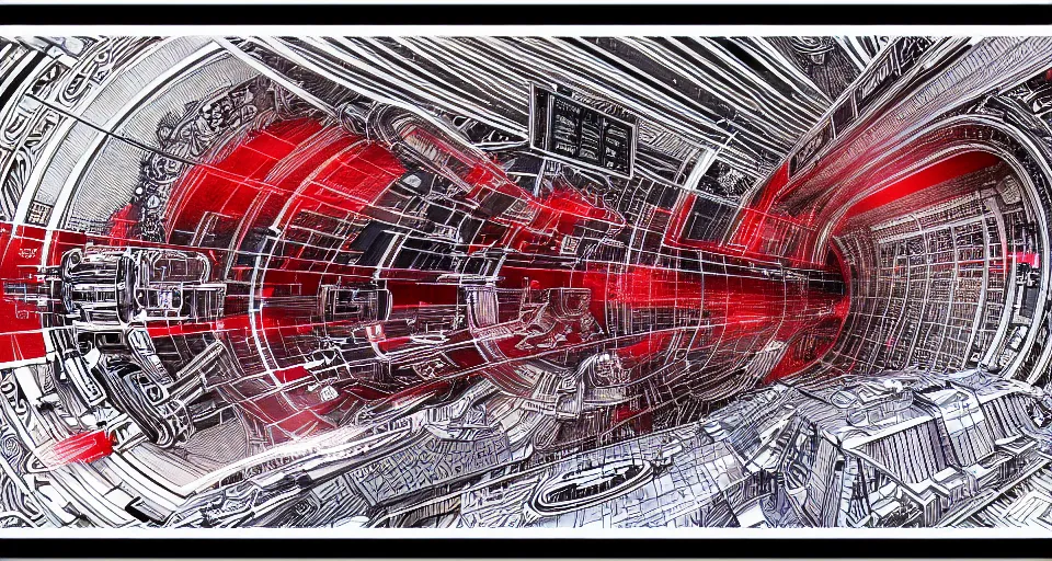 Prompt: a blueprint diagram of a wormhole generator, intricate illustration, ultra detailed, detailed plans and notes, sketches, technopunk, darksynth, intricate illuminated lines, blood red, 8 k, unreal engine 5, by tsutomu nihei