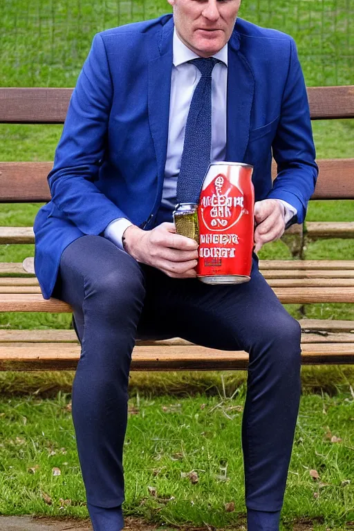 Image similar to Sir Kier Starmer in a blue suit wearing a flat cap on his head sitting on a bench alone holding a large plastic green bottle of cider, at his feet are empty cans and bottles