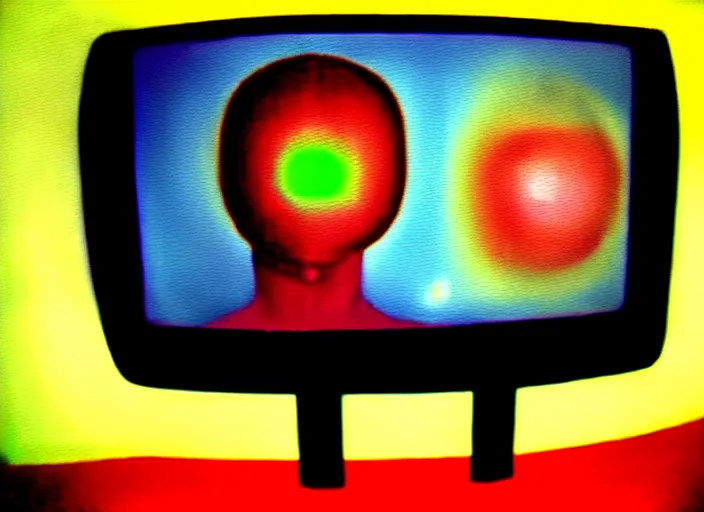 Prompt: a surreal painting of a crt television broadcasting propaganda out of the screen, this results in lots of people with no eyes. there is one normal person with eyes, a young man, he looks tall and strong but he is frightened about what is going on around him s 1 5 0