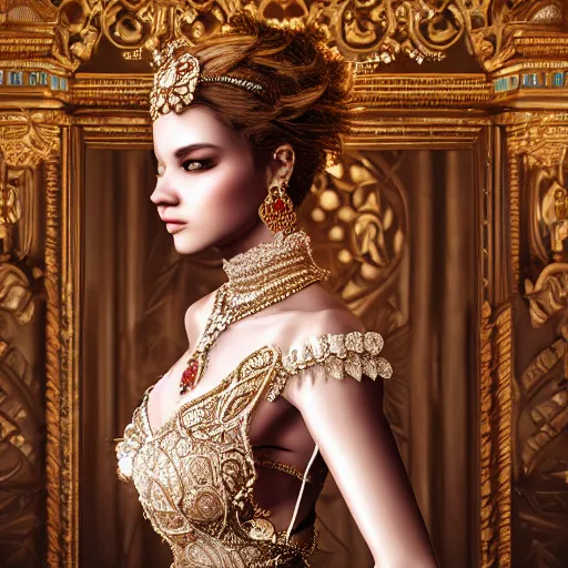 Image similar to portrait of pretty princess with perfect skin, glowing, ornate and intricate diamond jewelry, jaw dropping beauty, ornate and intricate backdrop, white accent lighting, hyper detailed, 4 k octane render