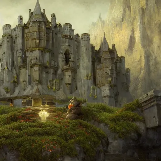 Image similar to the concept artist thinks to himself before he writes dozens of hived hexagonal frog kappa bee fat guys in the castle keep glorious cliff moat with the crescent moon rippling above. Craig Mullins, Dylan Cole, Liang Mark, Darek Zabrocki, Finnian MacManus, Sung Choi, Ruan jia, Albert Bierstadt Greg Rutkowski, Cinematic Keyframe Environmental & Architectural Design Concept Art, Trending on ArtStation?