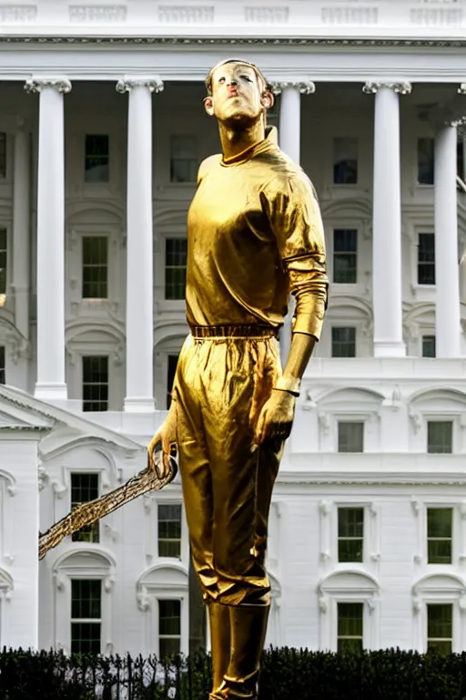 Image similar to A beautiful gold statue of Mark Zuckerberg in front of White House, photo by Steve McCurry, heroic pose, detailed, smooth, smiling, professional photographer