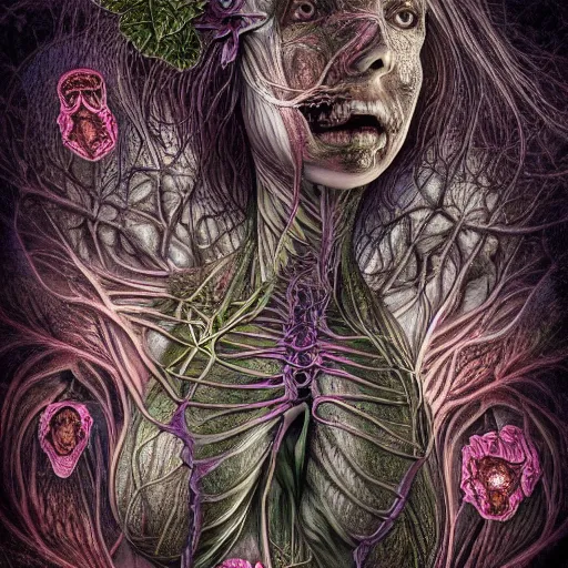 Prompt: a beautiful detailed photo of a rotten woman corpse portrait open in two sides morphing into fractal plants and fractal flowers and mushrooms, muscles, veins, anatomical, intricate, ornate, volumetric light, beautiful lit, romero ressendi