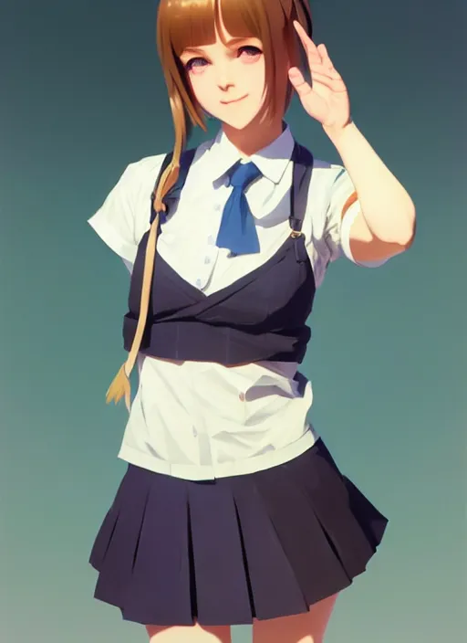 Image similar to full body beautiful and cute and aesthetic school girl greeting, very slightly smiling, wave a hand at the camera, perfect face, symmetric eyes, sharp focus, specular reflection, occlusion shadow, artstation, by ilya kuvshinov and jeremy lipking, light novel cover art, 3 d epic illustrations, symmetric body, model pose