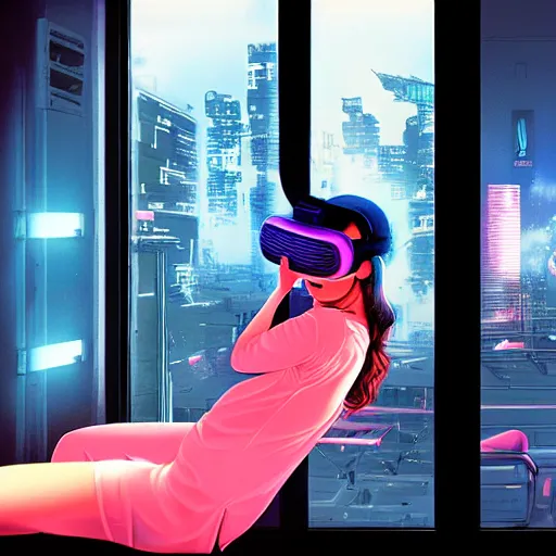 Image similar to matte painting of a woman in vr headset sitting in cyberpunk room behind the window, neon glow, by masamune shirow