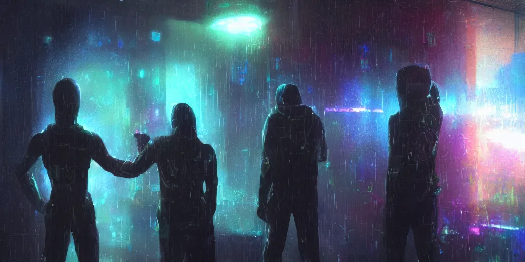 Prompt: one couple cyber godly persons made of cosmic nebula galaxy energy watching a rainy colorful cyberpunk futuristic city from behind at night through a window in his room, reflections, 8 k, photorealistic, concept art, wet, highly detailed, cinematic moof by ridley scott, trending on artstation, glowing and epic