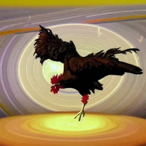 Prompt: A realistic chicken dancing on the rings of Saturn