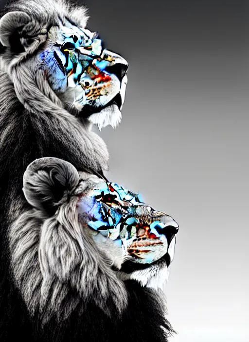 Image similar to lion and lioness black and white portrait white sky in background