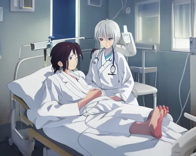 Image similar to a cute and beautiful young female doctor wearing white coat are taking care of a patient on a bed in a hospital ward, slice of life anime, anime scenery by Makoto shinkai