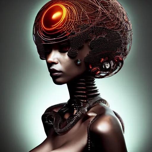 Image similar to portrait of an absurdly beautiful, graceful, sophisticated, fashionable black cyberpunk mechanoid gravure idol, hyperdetailed illustration by irakli nadar, matt wisniewski style, intricate linework, fashion photography, dark black porcelain skin, jellyfish headdress, brown eyes, unreal engine 5 highly rendered, red light, detailed and intricate environment