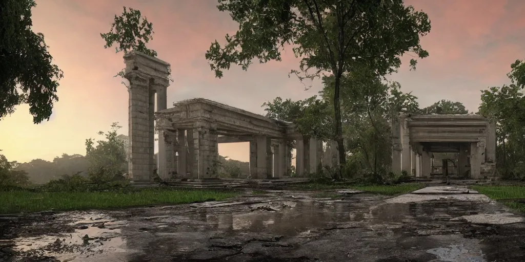 Image similar to abandoned temple of illuminati by le corbusier, empty streetscapes, surrounded by lush green vegetation, ground-level view, puddles of water, stunning volumetric lighting, sunset, trending on Artstation, 8k, photorealistic, hyper detailed, unreal engine 5, cinematic, epic lighting, cryengine, octane render, cyberpunk, red and orange glow, dark, gloomy