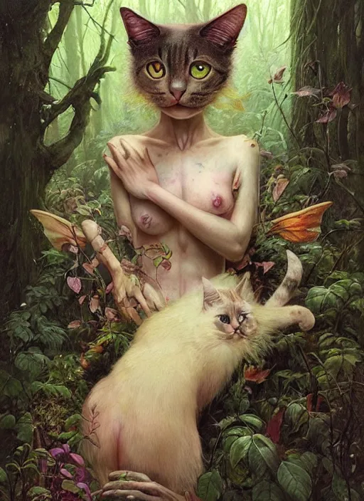 Prompt: a hyper realistic cat witch fairy in the woods gorgeous lighting, lush forest foliage painting by chiara bautista and beksinski and norman rockwell and greg rutkowski weta studio, and lucasfilm
