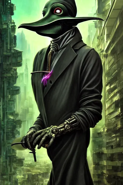 Image similar to wow! 3 / 4 stunning photorealistic portrait of a plague doctor with a green aura in a kowloon cyberpunk cityscape, biomechanical bodysuit, acid rain, dark fantasy by artgerm and sorayama and alphonse mucha, very realistic, hyperdetailed, trending on artstation, octane render