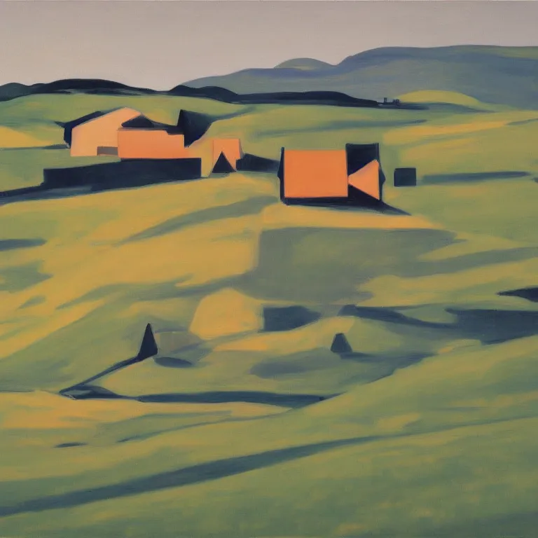 Image similar to dreaming futuristic rural landscape with modern houses, painted by Alex Katz, painted by Edward Hopper, airbrush
