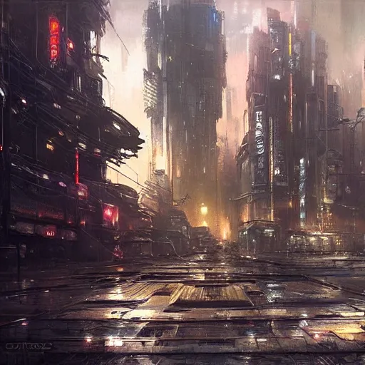 Image similar to A beautiful landscape oil painting of dystopian cyberpunk city by Greg Rutkowski