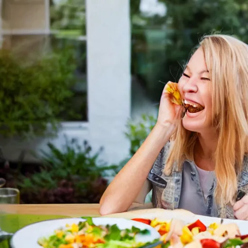 Prompt: a woman eating salad and laughing