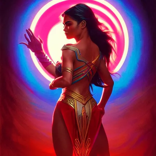 Image similar to lovi poe as darna, volumetric lights, red and cyan theme, art nouveau botanicals, intricate, highly detailed, digital painting, artstation, concept art, smooth, sharp focus, cinematic, illustration, beautiful face, art by artgerm and greg rutkowski and alphonse mucha