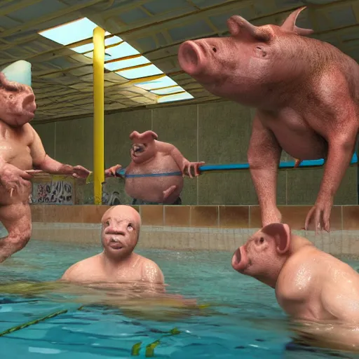 Prompt: photo, two old men fight pig mutants 5 3 1 2 7 inside a swimming pool, highly detailed, scary, volumetric lighting, front view